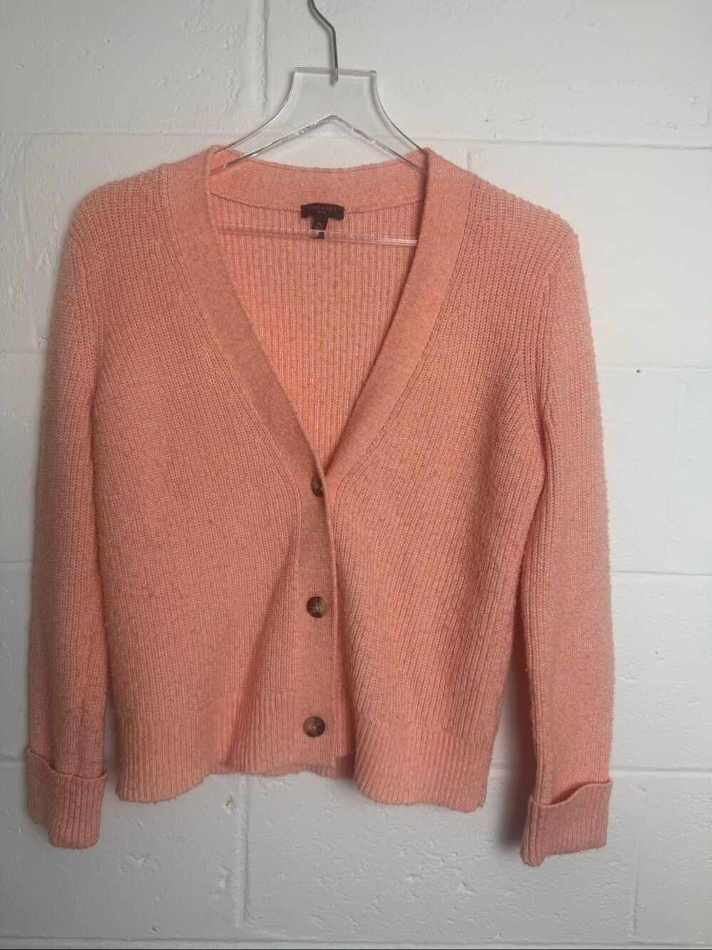 Talbots Medium Petite Peach Button Front Cardigan Sweater Wool Blend Classic Pre